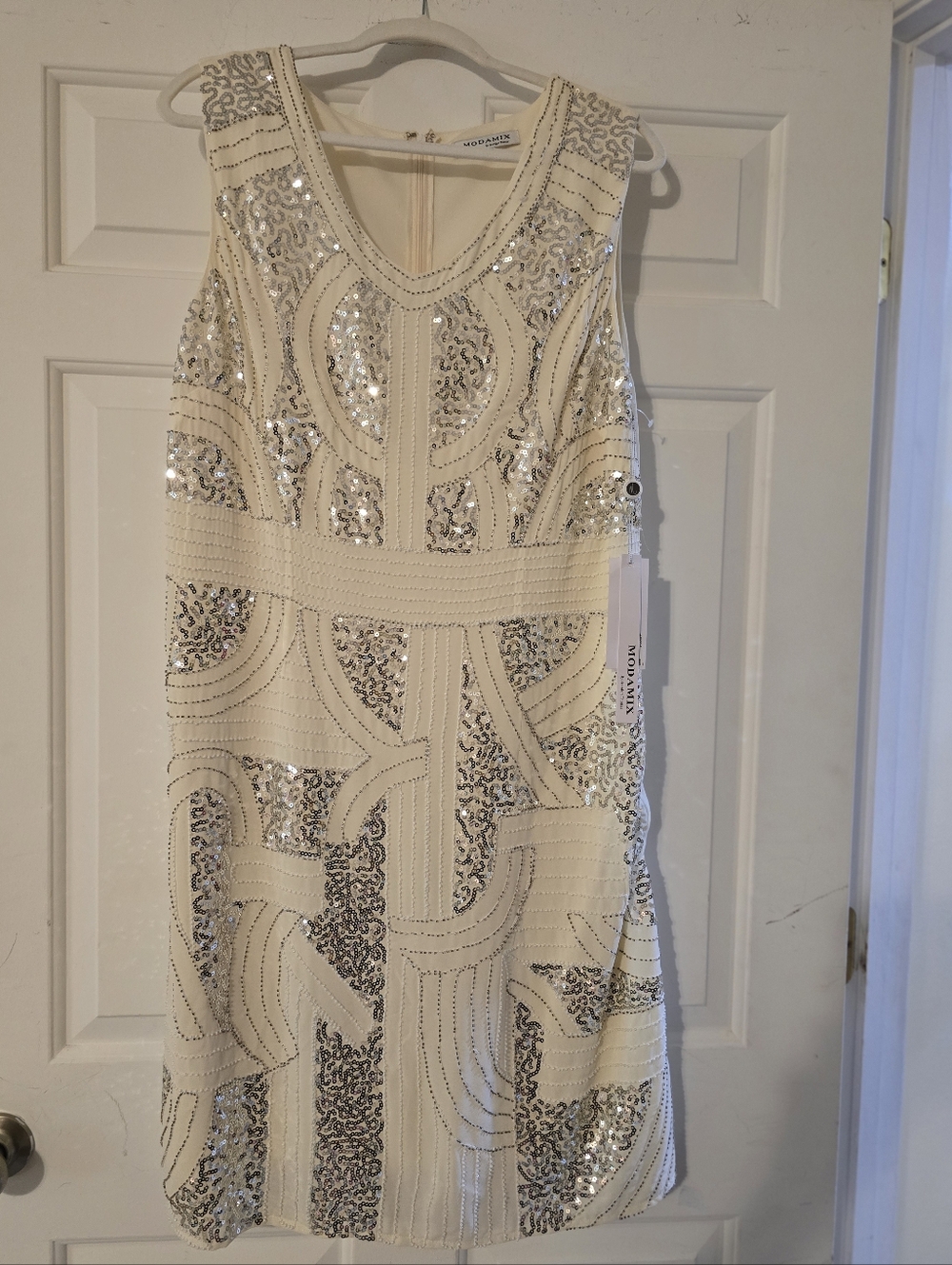 Modamix Cream Shift Dress with Silver Sequin Accents